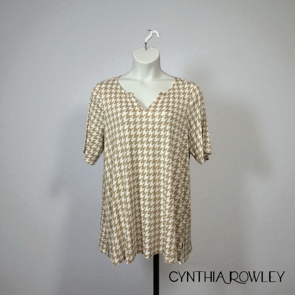 NWOT, Cynthia Rowley, Plus Size Top - Houndstooth Pattern, 1X, Beige, White